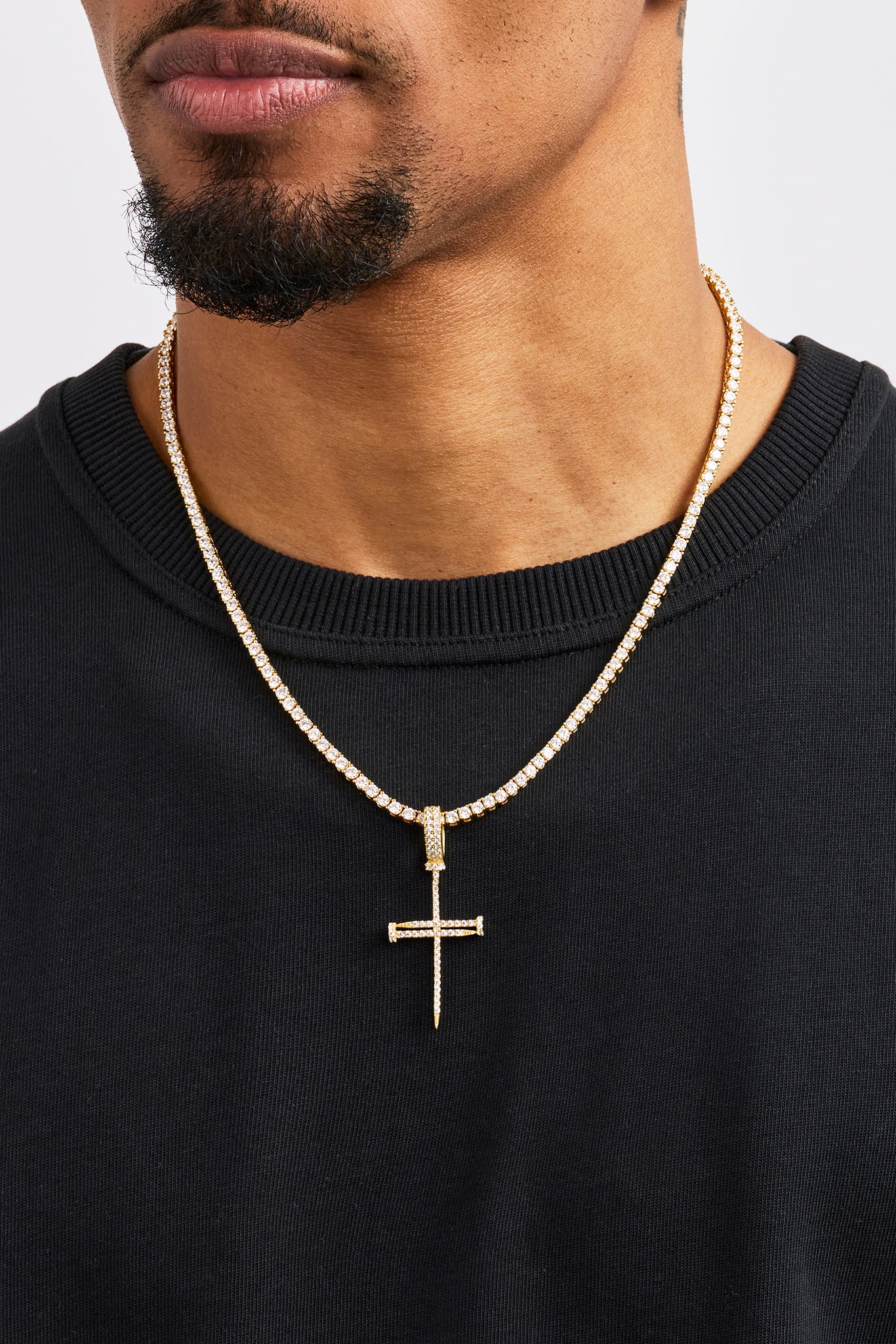 Iced Nail Cross Pendant Tennis Necklace - 20mm - Gold